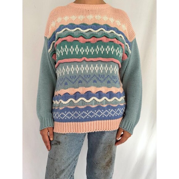 80s vintage pink blue pastel striped textured grandma cottage ugly knit sweater - Picture 1 of 8